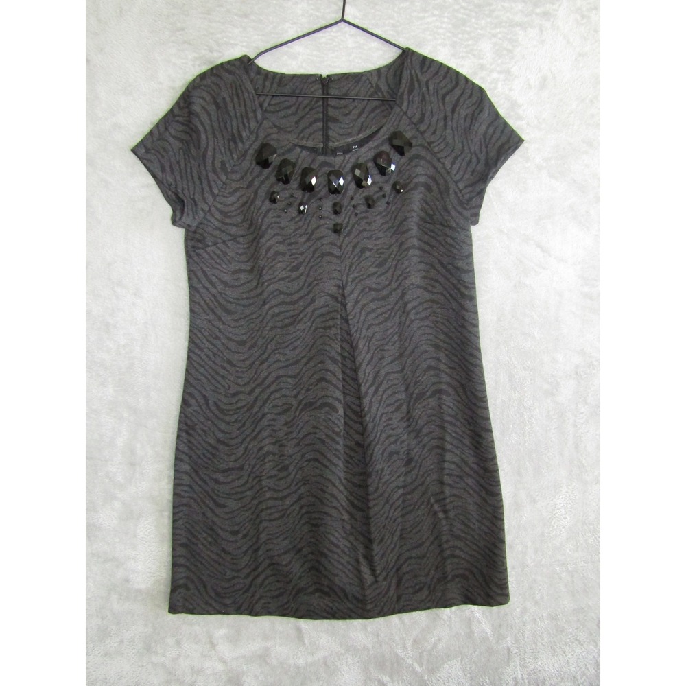 Relativity Womens Gray Zebra Print Embellished Neckline Short Sleeve Shift Dress